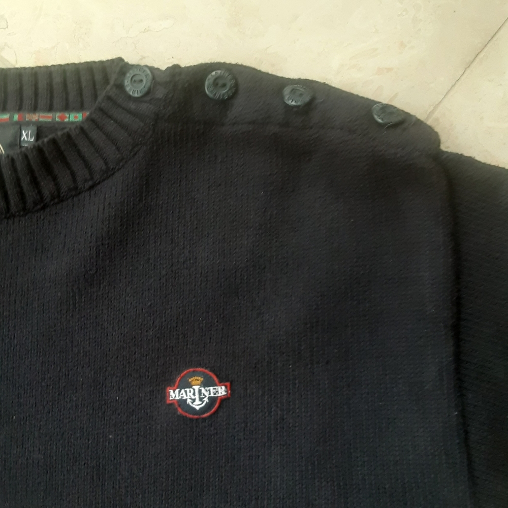 Button Shoulder Breton Naval Sweater, All Cotton, Forearm Shields, MADE IN ITALY